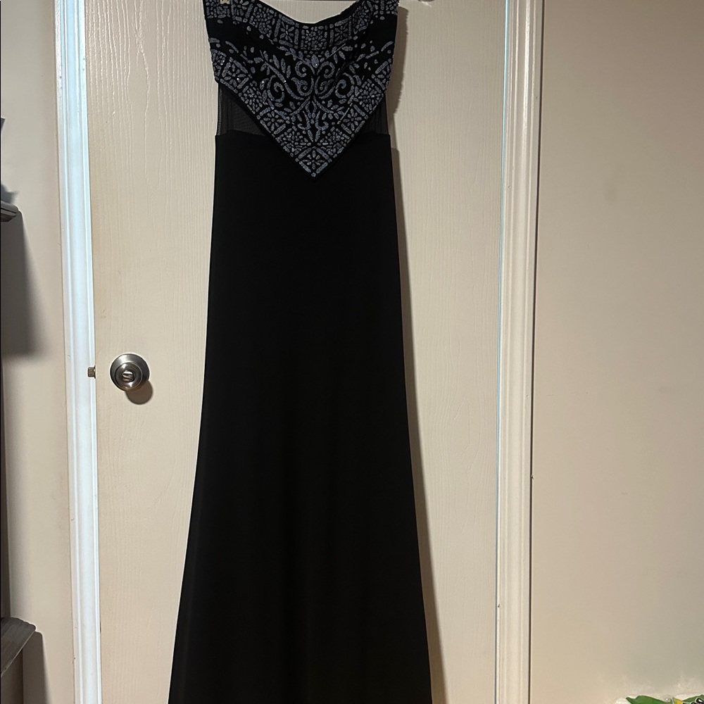 Bari Jay black gown with light blue beaded design.
